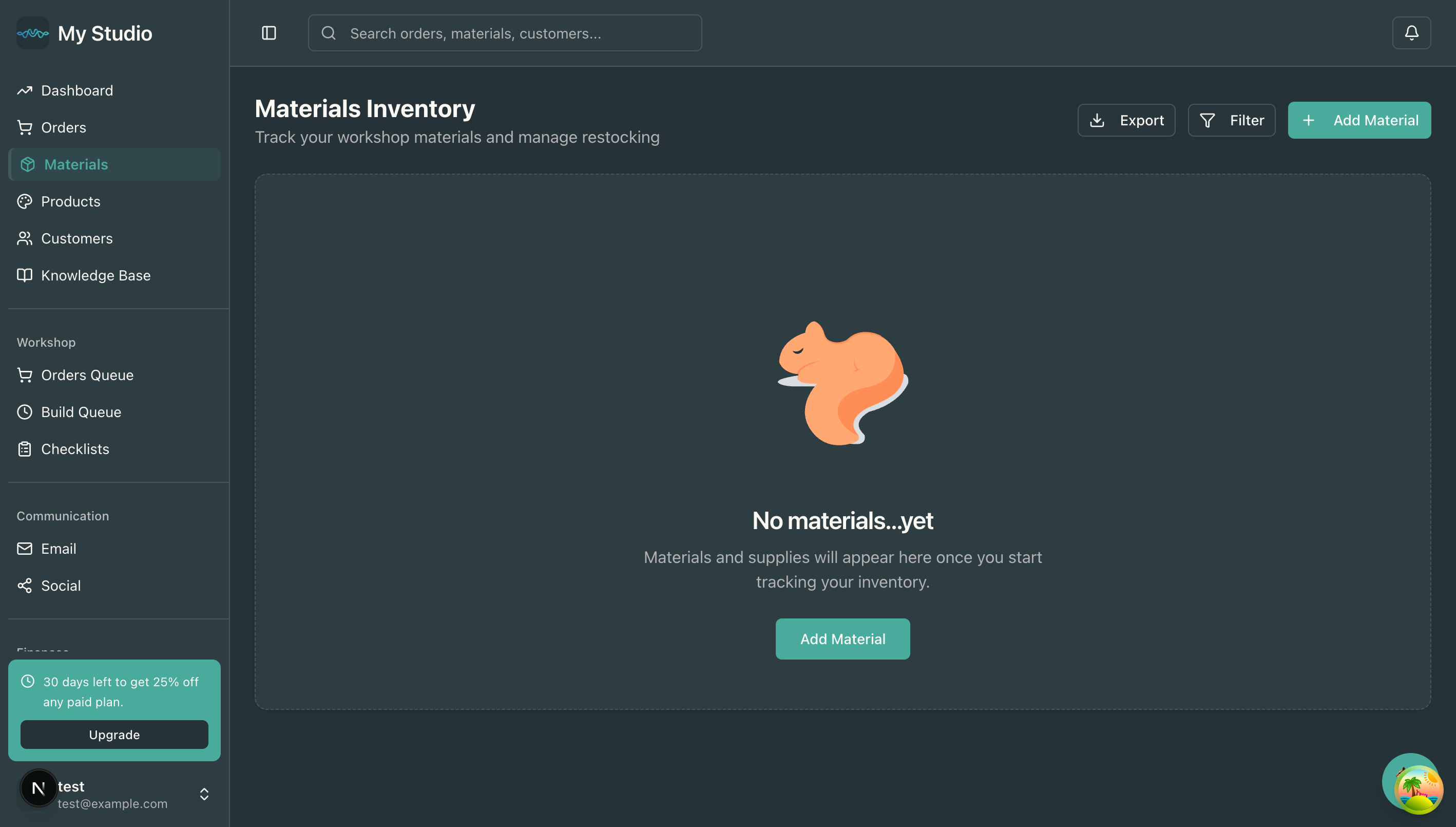 Materials page showing inventory tracking