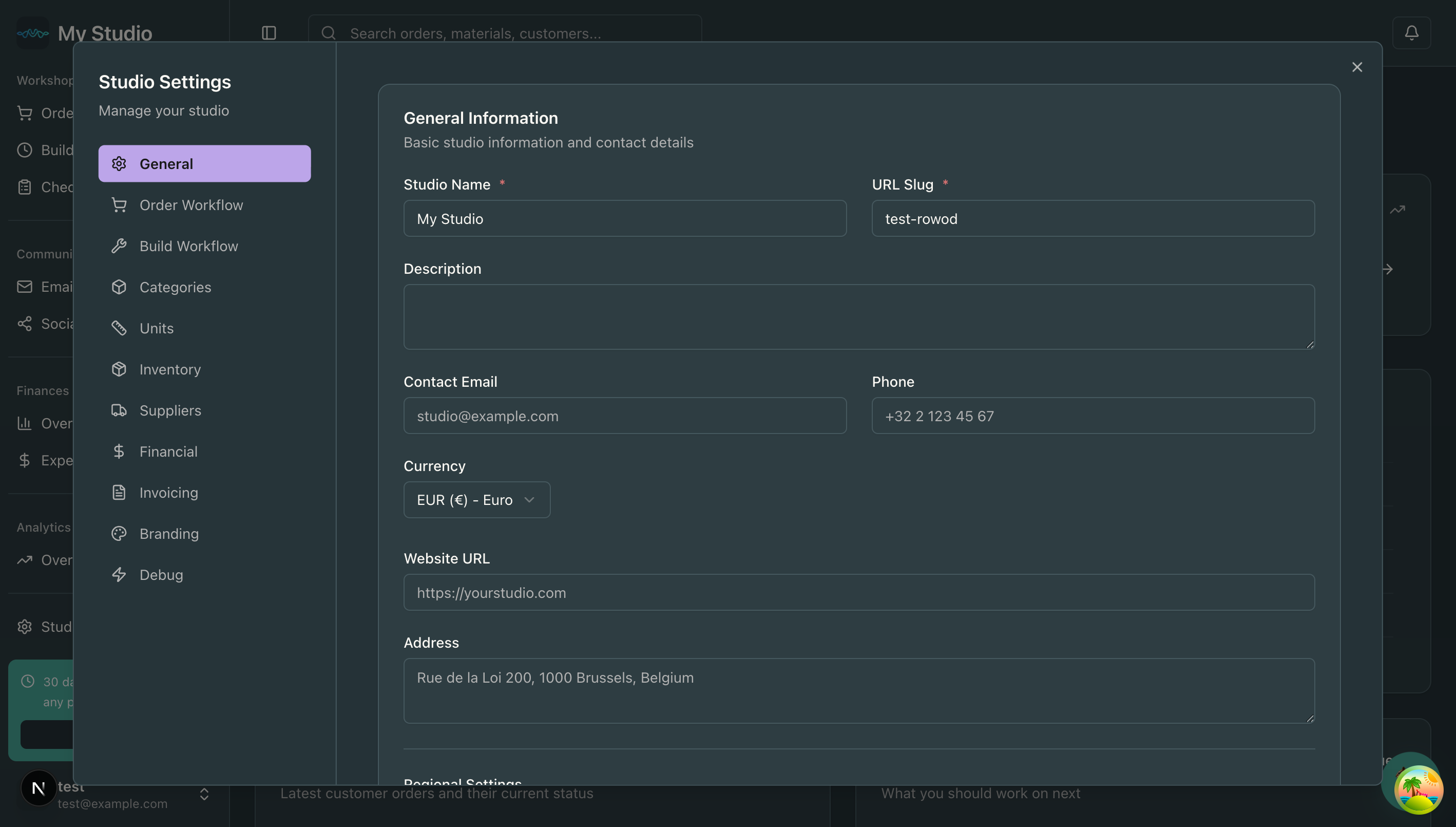 Studio Settings dialog for configuring your workspace