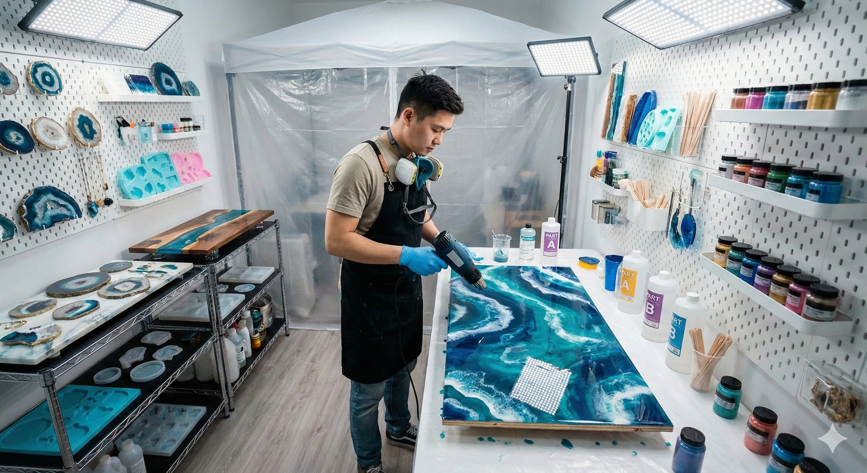 Resin artist creating ocean art