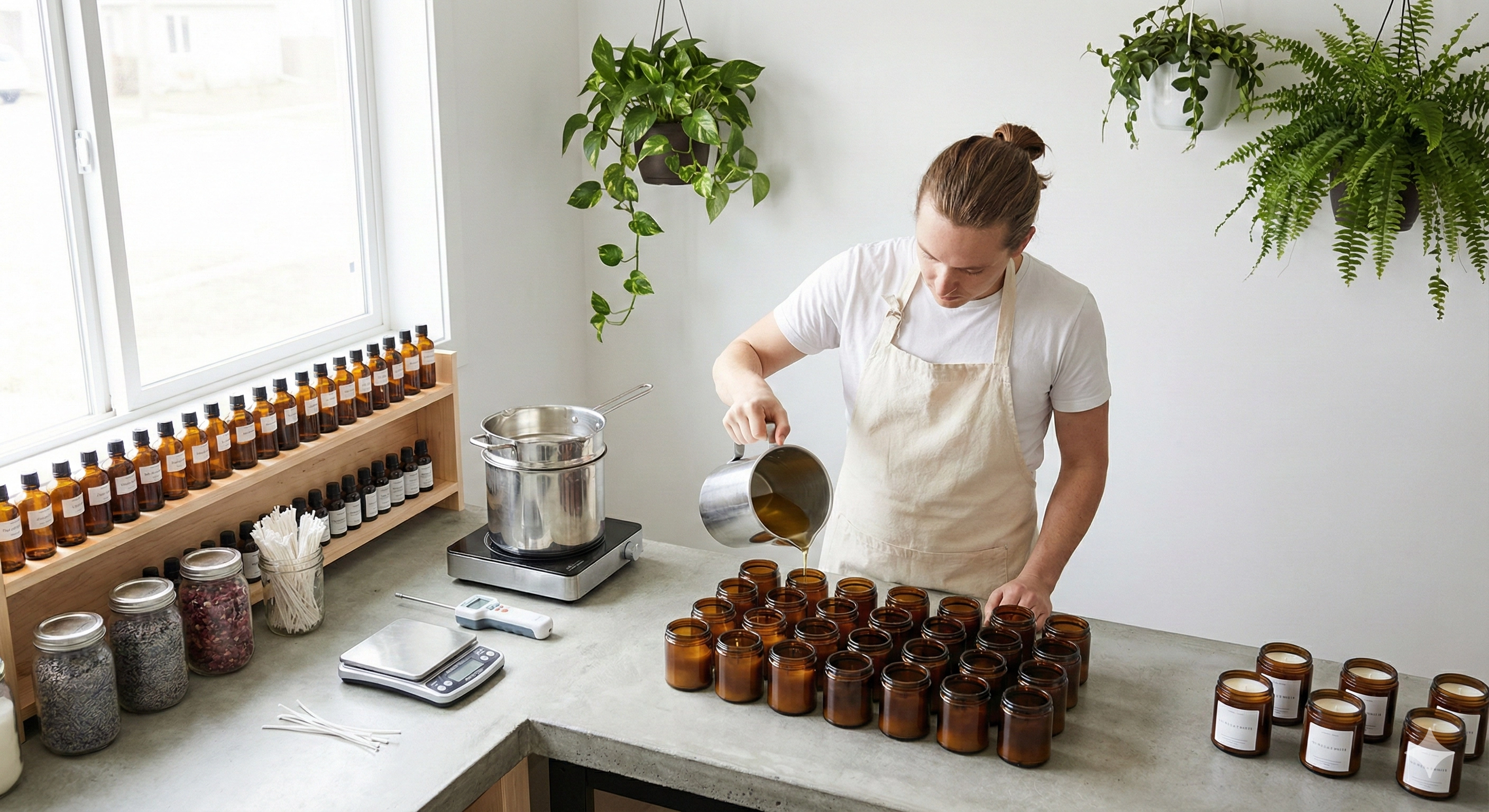 Candle maker pouring wax