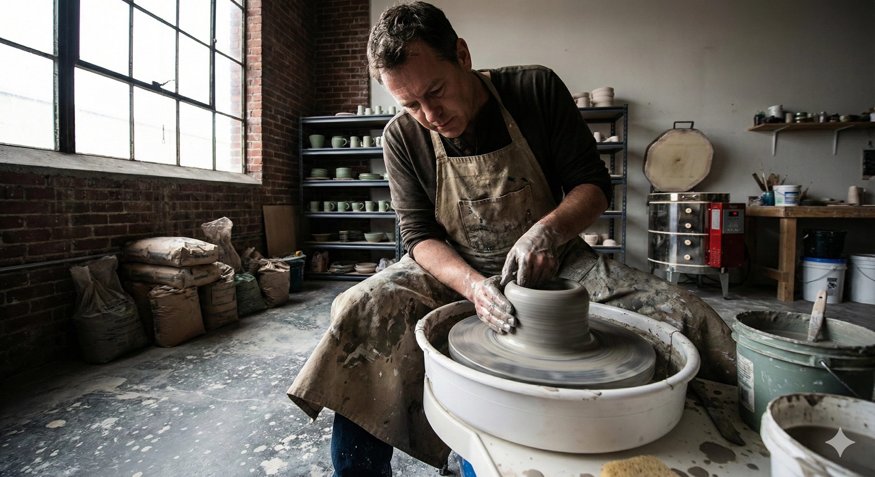 Potter shaping clay on wheel