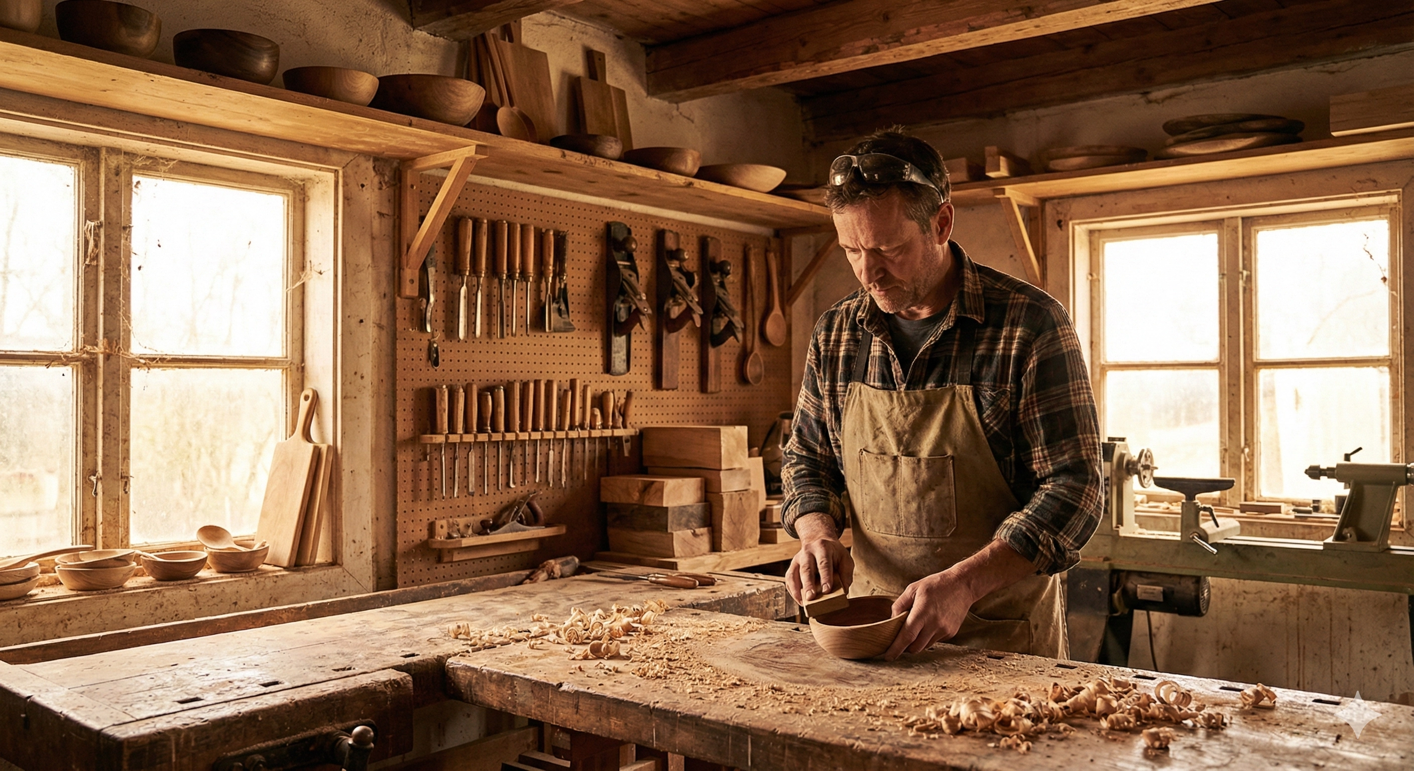 Woodworker sanding handmade bowl
