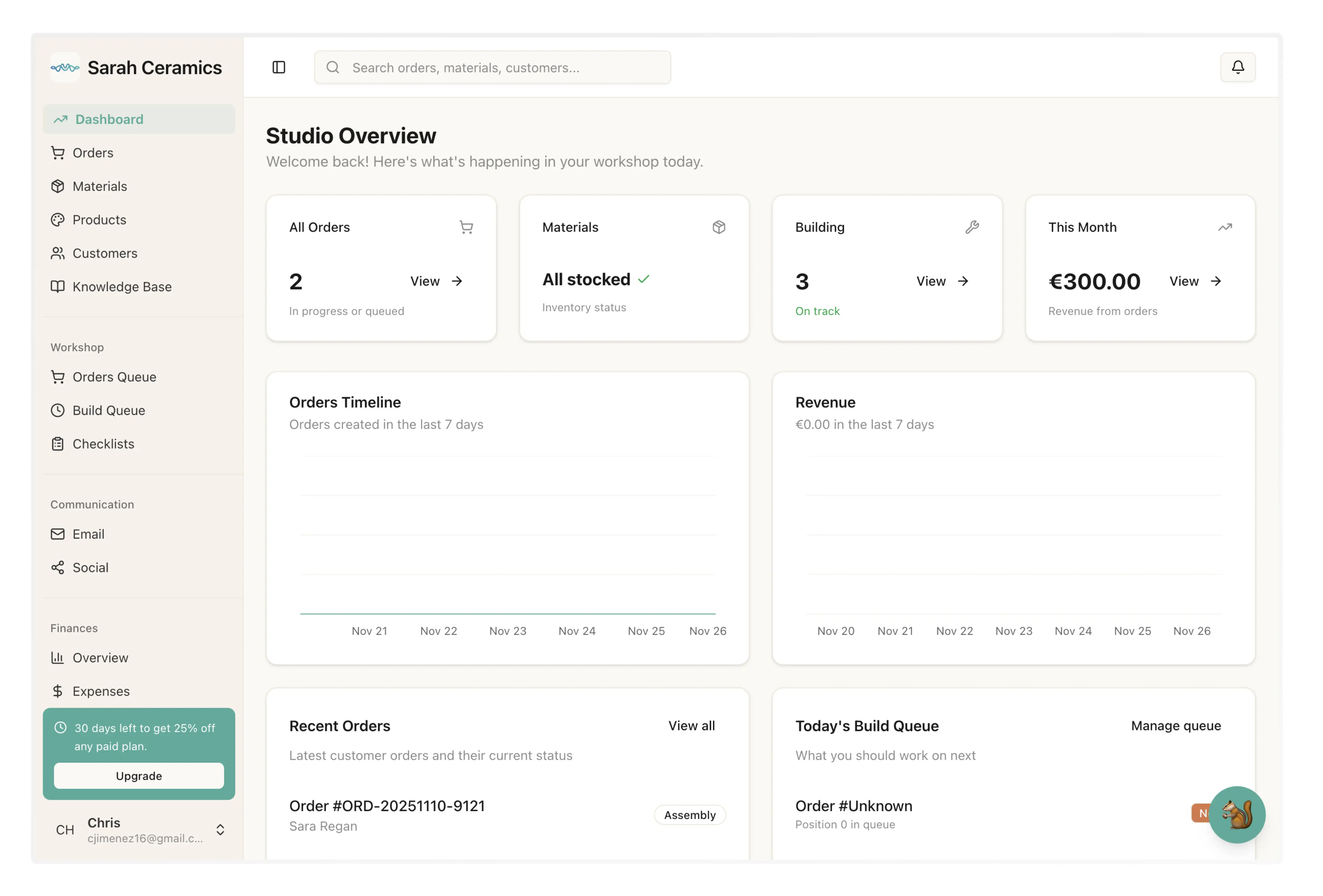 MakeFlow dashboard showing build queue and order management